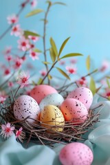 Fototapeta na wymiar easter background with colorful eggs in light warm colors