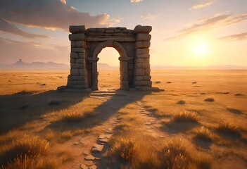 A steppe scene featuring an ancient stone archway, framing a breathtaking sunrise over the horizon, casting a warm and golden glow on the expansive plains.