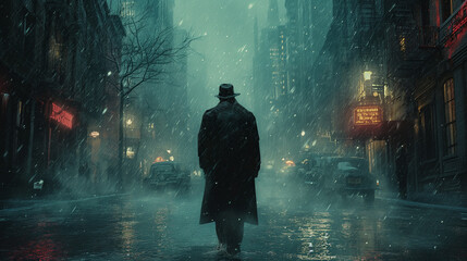 Mysterious Man as A stranger in an unfamiliar City Walking in Dimly wet Atmospheric Street with Dramatic Rain and weather Scene. Back View. Enigmatic Presence. 