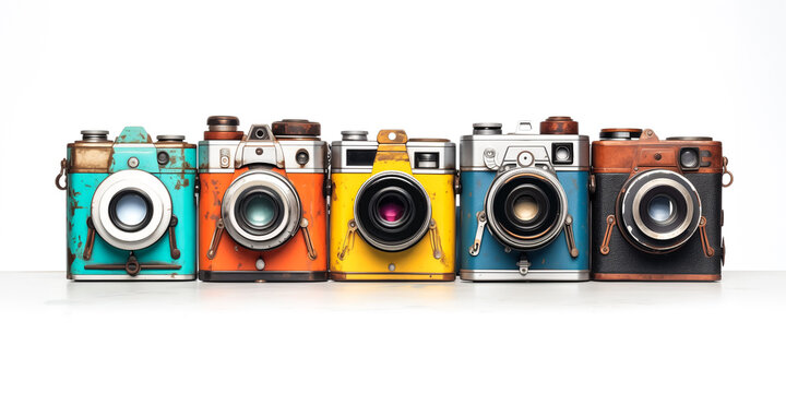 Illustration of five different colorful retro cameras on white background, Generative AI image