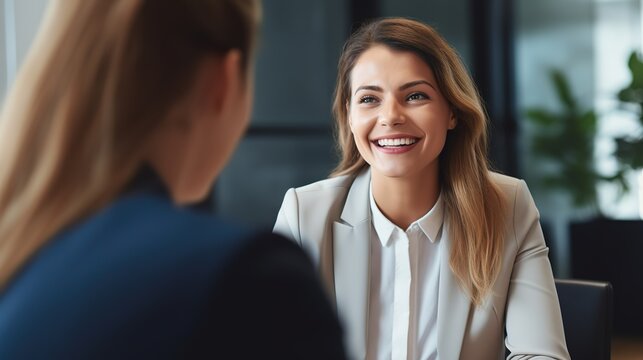 Smiling_Female_Manager_Interviewing_an_Applicant_In_a interview board ai generated image