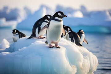 : A group of penguins gathered on an icy shoreline, ready to plunge into the frigid waters.