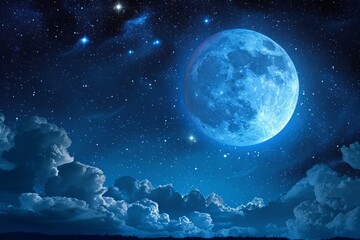 Naklejka na ściany i meble Blue moon in space with nebula and stars. Generative AI