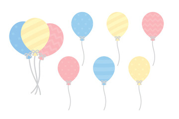 Set of cute pastel pink, blue, yellow patterned balloons illustration. Baby and kids party decoration.  © K Ching Ching