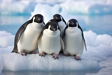 : A group of penguins gathered on an icy shoreline, ready to plunge into the frigid waters.