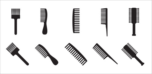 Hair comb icon set. Set of hair comb. Vector stock illustration. With many variation of barber and salon combs.Isolated on white background. - obrazy, fototapety, plakaty