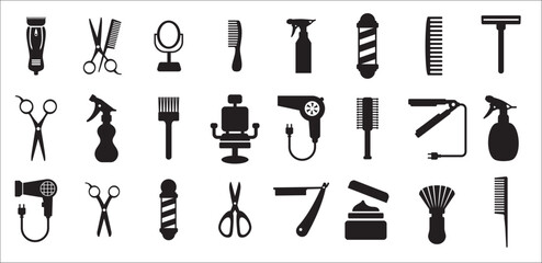Barbershop utensils icon set. Hair salon icons, Hairstylist vector icons set. Contain symbol of clipper, barber pole, comb, razor blade, chair, sprayer, pomade, hair dryer, brush, and more. - obrazy, fototapety, plakaty