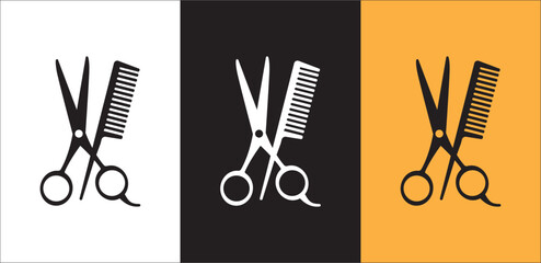 Scissor and comb icon set. Crossed scissors and combs vector icon set. Barbershop, salon, hairdresser, haircut, hairstylist symbol or signs collection. Vector stock illustration - obrazy, fototapety, plakaty