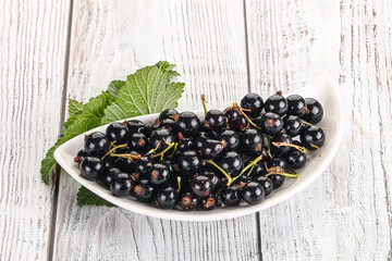 Juicy black currant berries in the bowl
