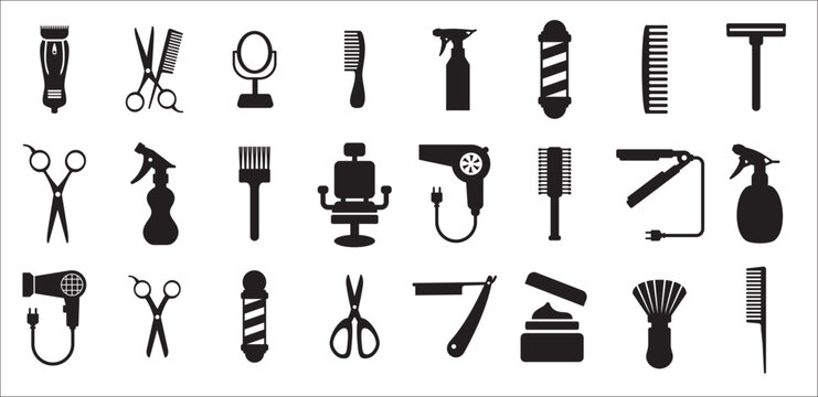 Barbershop utensils icon set. Hair salon icons, Hairstylist vector icons set. Contain symbol of clipper, barber pole, comb, razor blade, chair, sprayer, pomade, hair dryer, brush, and more.