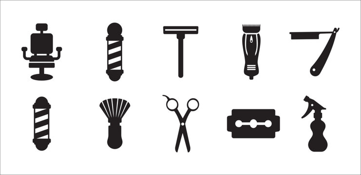 Barbershop utensils icon set. Hair salon icons, Hairstylist vector icons set. Contain symbol of clipper, barber pole, comb, razor blade, sprayer, pomade, hair dryer, brush, and more.