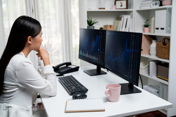 Obraz na płótnie Canvas Young beautiful Asian businesswoman looking on pc to analyze profitable of exchange stock market graph at modern office. Concept of investing high profit in wealth security in finance. Stratagem.
