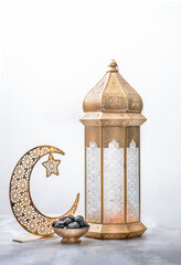 Ramadan Mubarak background, Traditional Moroccan Lantern lamp with crescent moon and dates, 2024 Ramadan Kareem and Eid Mubarak concept image