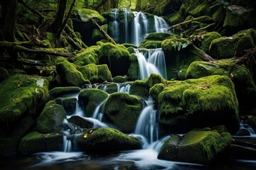 : A gentle waterfall surrounded by vibrant moss-covered rocks in a secluded forest.