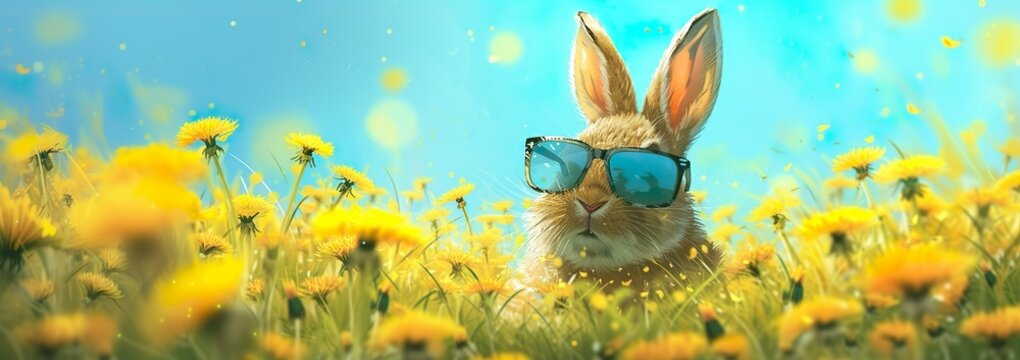Super cute and funny laughing easter bunny with reflective sunglasses sits in a yellow dandelion field, easter background banner for marketing, sales and social media illustration.