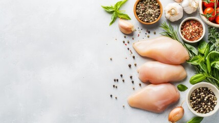 Raw chicken breasts with fresh herbs and spices, ready to cook
