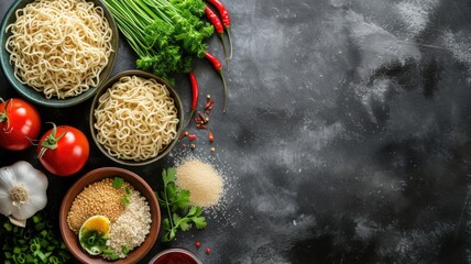 Top view of Asian noodles with various ingredients around