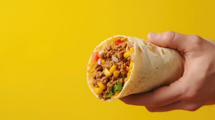 A hand holding a beef burrito with vegetables, vibrant against yellow