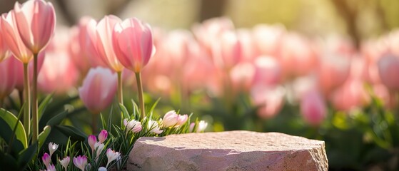 natural stone pedestal in the garden for product presentation with pink tulips, showcase for...