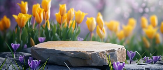 natural stone pedestal in the garden for product presentation with yellow tulips, showcase for...