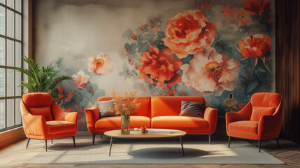 Interior photography of the living room has chairs and a large mural with the dreamy watercolor autumn florals in the style of barely noticeable flowers