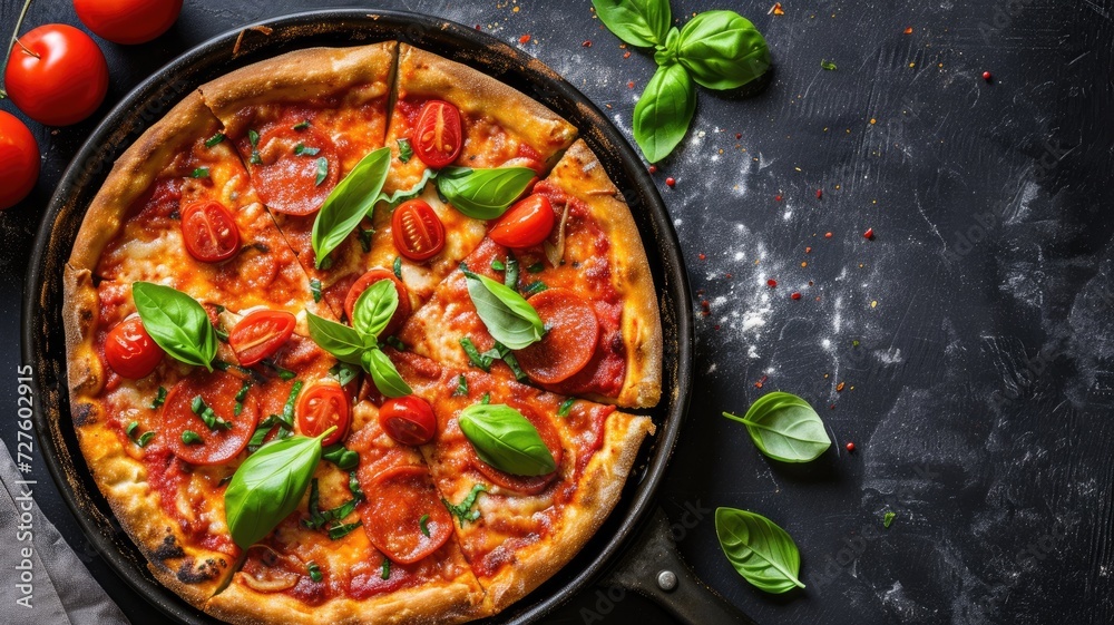 Wall mural a pepperoni pizza with fresh basil and tomatoes on a dark background - Wall murals