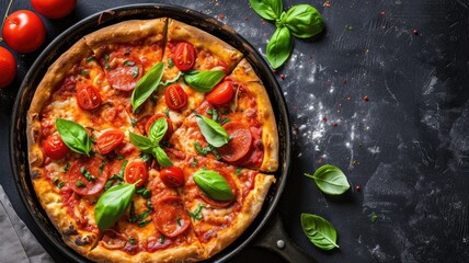 A pepperoni pizza with fresh basil and tomatoes on a dark background