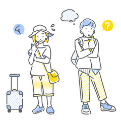 旅行中にトラブルや疑問を抱える若い女性と男性　シンプルでお洒落な線画イラスト