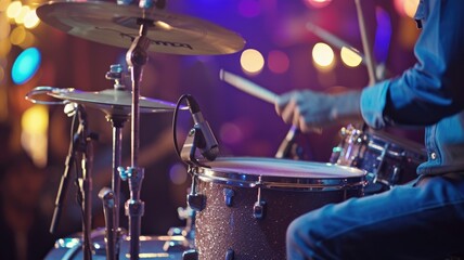 Drummer in action during a live music performance, with blue stage lights in the background