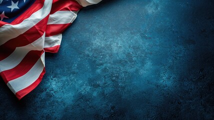The stars and stripes of the American flag elegantly draped over a textured blue surface