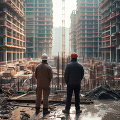 Engineers Reviewing Construction Site at Dusk.
Two engineers evaluating progress on a construction site with buildings in the background.