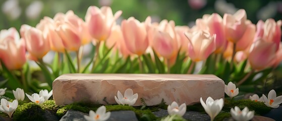 natural stone pedestal in the garden for product presentation with pink tulips, showcase for...