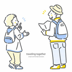 旅行を楽しむシニア夫婦　シンプルでお洒落な線画イラスト