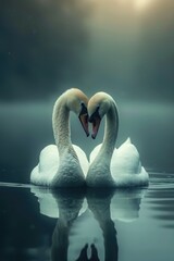 Serene embrace: two swans in love, a graceful display of adoration and unity in the swanst's affectionate bond, a symbol of tranquility and everlasting companionship in the natural world.