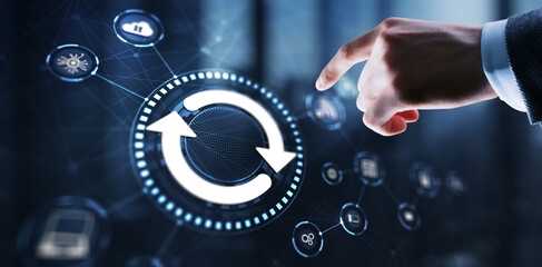 Businessman touching icon Update software application. Hardware upgrade technology concept
