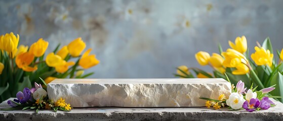 product podium with spring flowers, natural stone dais in front of a concrete wall and with yellow tulips around. Template, layout for product advertising.  