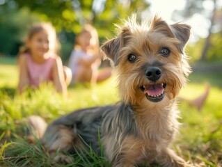 A cute and playful dog with a unique hairstyle sits in the grass, surrounded by happy children in a sunny park. Generative AI.