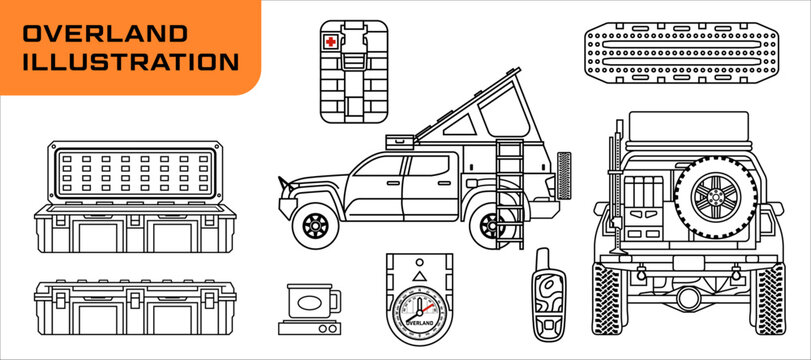 Set of outdoor overland equipment illustrations.