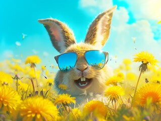 Super cute and funny laughing easter bunny with reflective sunglasses in a yellow dandelion field, easter background banner for easter marketing, sales and social media illustration.