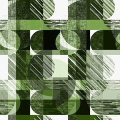 Seamless abstract grunge geometric pattern. Green, black figures on a white background. - 727603988