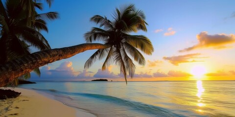 Tropical Sunset with palm tree an a tranquil beach
