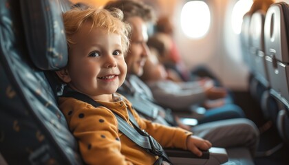 little kid sitting in an airplane seat going on vacation - obrazy, fototapety, plakaty