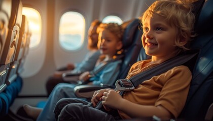 little kid sitting in an airplane seat going on vacation - obrazy, fototapety, plakaty