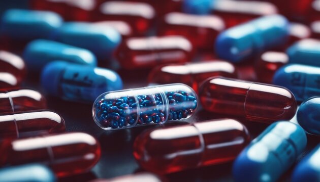 Abstract, close-up view of various capsules, prominently featuring a clear capsule filled with blue pellets among red and blue pills.