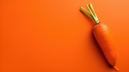 Fresh carrot with green tops lying on a vivid orange textured background