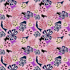 Seamless abstract colorful floral pattern.White, blue, yellow, red flowers on a pink background. - 727605328