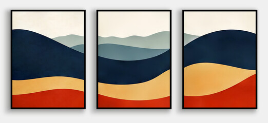 Three abstract paintings of mountains and hills in blue, yellow, and red colors