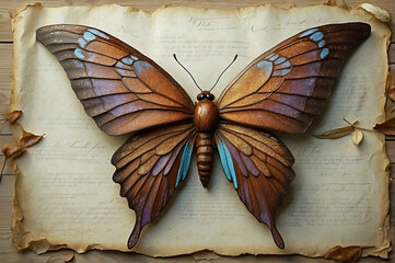 Artful Portrait of a Butterfly Resting on the Pages of an Old Antique Manuscript