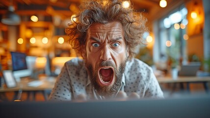 A frustrated man is ranting and using a computer.