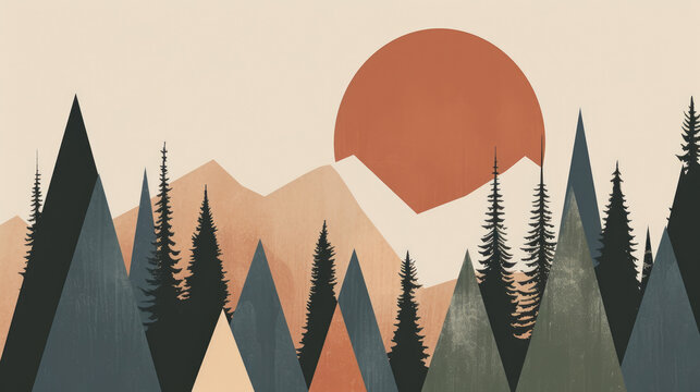 Artistic forest landscape, geometric trees in a palette of terracotta and moss, modern nature scene on canvas
